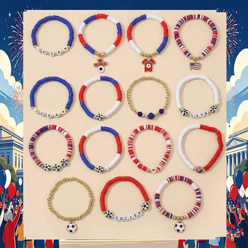 Spiritlele 12pcs World Cup Bracelets Set Red White Blue Clay Bead Wristband Stackable USA Soccer Charm Stretch Bracelet For Women Football Sports Fans Jewelry Gift in Saudi Arabia