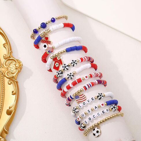 Spiritlele 12pcs World Cup Bracelets Set Red White Blue Clay Bead Wristband Stackable USA Soccer Charm Stretch Bracelet For Women Football Sports Fans Jewelry Gift in Saudi Arabia