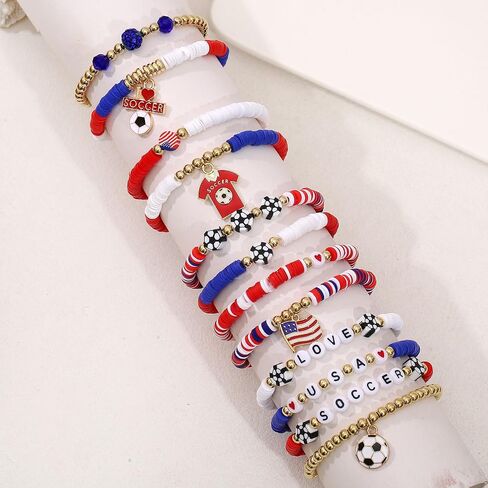 Spiritlele 12pcs World Cup Bracelets Set Red White Blue Clay Bead Wristband Stackable USA Soccer Charm Stretch Bracelet For Women Football Sports Fans Jewelry Gift in Saudi Arabia