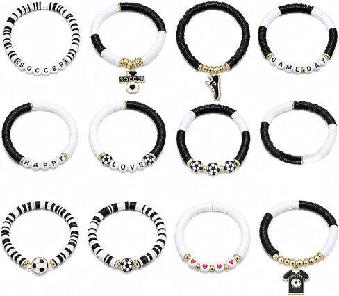Spiritlele 12pcs World Cup Bracelets Set Red White Blue Clay Bead Wristband Stackable USA Soccer Charm Stretch Bracelet For Women Football Sports Fans Jewelry Gift in Saudi Arabia