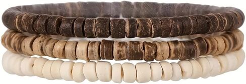 Handmade Wooden Bead Bracelet Set for Men & Women - Natural Coconut Shell Heishi Bead Stretch Bracelets - Boho Surfer Jewelry, Stackable Ethnic Tribal Wristbands, Adjustable Summer Beach Accessory in Kuwait