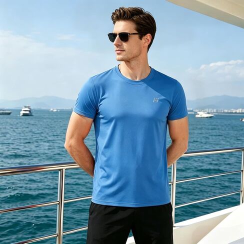 Men's Rash Guard Short Sleeve, UPF 50+ UV Sun Protection Swim Shirts, Quick Dry Lightweight Water Surf Beach T-Shirt Sky Blue in Kuwait