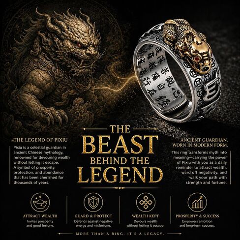 Ancient Oriental Pixiu Ring for Men and Women with Heart Sutra Mantra, Adjustable Size 9-14, Talisman for Protection and Abundance, Gothic Punk Biker Ring, Eastern Chimera Ring, Zen Jewelry in Saudi Arabia