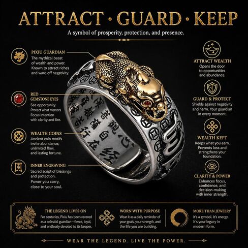 Ancient Oriental Pixiu Ring for Men and Women with Heart Sutra Mantra, Adjustable Size 9-14, Talisman for Protection and Abundance, Gothic Punk Biker Ring, Eastern Chimera Ring, Zen Jewelry in Saudi Arabia