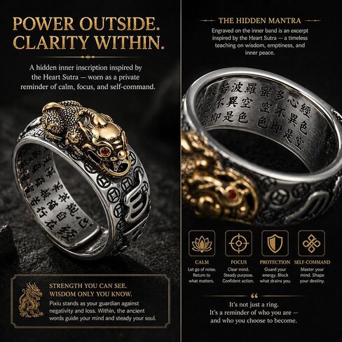 Ancient Oriental Pixiu Ring for Men and Women with Heart Sutra Mantra, Adjustable Size 9-14, Talisman for Protection and Abundance, Gothic Punk Biker Ring, Eastern Chimera Ring, Zen Jewelry in Saudi Arabia