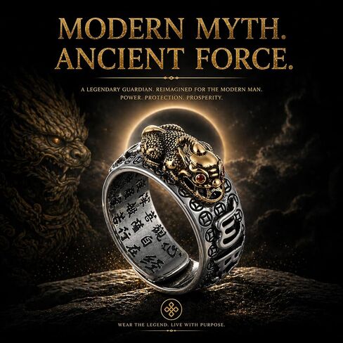 Ancient Oriental Pixiu Ring for Men and Women with Heart Sutra Mantra, Adjustable Size 9-14, Talisman for Protection and Abundance, Gothic Punk Biker Ring, Eastern Chimera Ring, Zen Jewelry in Saudi Arabia