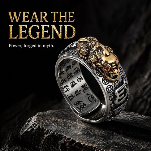 Ancient Oriental Pixiu Ring for Men and Women with Heart Sutra Mantra, Adjustable Size 9-14, Talisman for Protection and Abundance, Gothic Punk Biker Ring, Eastern Chimera Ring, Zen Jewelry in Saudi Arabia