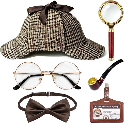 مجموعة إكسسوارات أزياء المباحث مكونة من 6 قطع، زي محقق مع قبعة Deerstalker وعدسة مكبرة لملابس الكبار، لعبة التجسس الغامضة للهالوين باللون البني in Kuwait