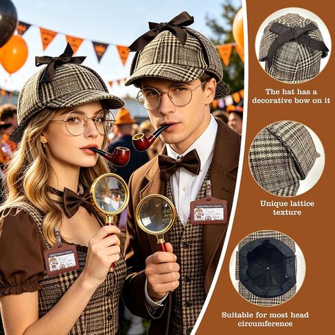 مجموعة إكسسوارات أزياء المباحث مكونة من 6 قطع، زي محقق مع قبعة Deerstalker وعدسة مكبرة لملابس الكبار، لعبة التجسس الغامضة للهالوين باللون البني in Kuwait