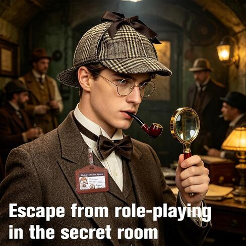 مجموعة إكسسوارات أزياء المباحث مكونة من 6 قطع، زي محقق مع قبعة Deerstalker وعدسة مكبرة لملابس الكبار، لعبة التجسس الغامضة للهالوين باللون البني in Kuwait