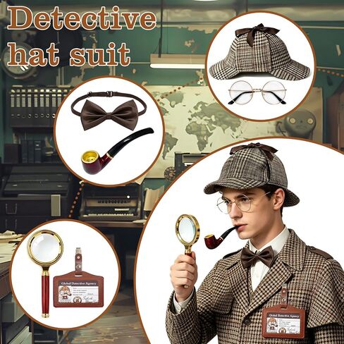 مجموعة إكسسوارات أزياء المباحث مكونة من 6 قطع، زي محقق مع قبعة Deerstalker وعدسة مكبرة لملابس الكبار، لعبة التجسس الغامضة للهالوين باللون البني in Kuwait