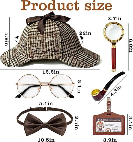 مجموعة إكسسوارات أزياء المباحث مكونة من 6 قطع، زي محقق مع قبعة Deerstalker وعدسة مكبرة لملابس الكبار، لعبة التجسس الغامضة للهالوين باللون البني in Kuwait