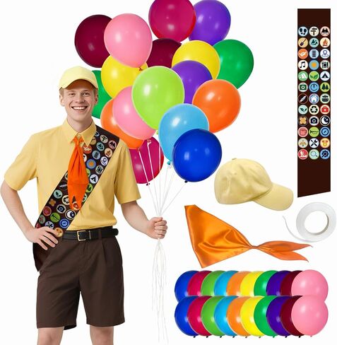 Scout Costume Set,Adult Wilderness Explorer with Yellow Hat, Orange Neckerchief, Merit Badge Sash, Balloons, Adjustable Fit, for Cosplay, Halloween, Role-Play in Saudi Arabia
