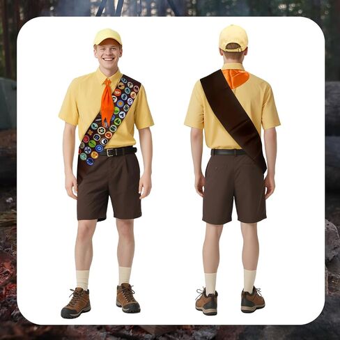 Scout Costume Set,Adult Wilderness Explorer with Yellow Hat, Orange Neckerchief, Merit Badge Sash, Balloons, Adjustable Fit, for Cosplay, Halloween, Role-Play in Saudi Arabia