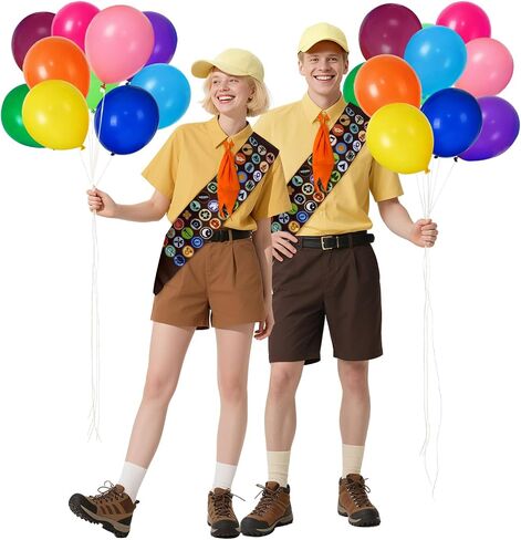 Scout Costume Set,Adult Wilderness Explorer with Yellow Hat, Orange Neckerchief, Merit Badge Sash, Balloons, Adjustable Fit, for Cosplay, Halloween, Role-Play in Saudi Arabia