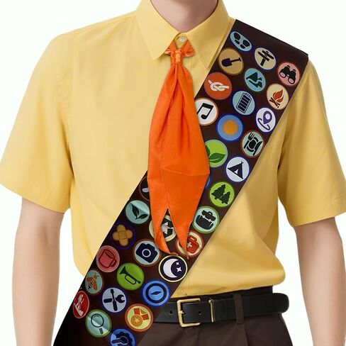 Scout Costume Set,Adult Wilderness Explorer with Yellow Hat, Orange Neckerchief, Merit Badge Sash, Balloons, Adjustable Fit, for Cosplay, Halloween, Role-Play in Saudi Arabia