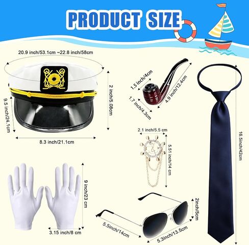11 Pcs/2 Set Nautical Captain and Sailor Cosplay Outfit, Yacht Captain Cap, Sailor Ship Cap, Scarf, Sunglasses, Badge, Gloves, Earrings, Halloween Sailor Costume Accessories for Women Men Dress Up in Saudi Arabia