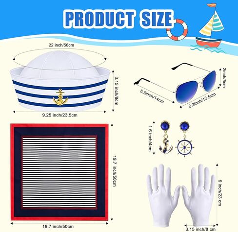 11 Pcs/2 Set Nautical Captain and Sailor Cosplay Outfit, Yacht Captain Cap, Sailor Ship Cap, Scarf, Sunglasses, Badge, Gloves, Earrings, Halloween Sailor Costume Accessories for Women Men Dress Up in Saudi Arabia