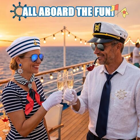 11 Pcs/2 Set Nautical Captain and Sailor Cosplay Outfit, Yacht Captain Cap, Sailor Ship Cap, Scarf, Sunglasses, Badge, Gloves, Earrings, Halloween Sailor Costume Accessories for Women Men Dress Up in Saudi Arabia