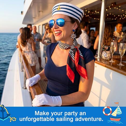 11 Pcs/2 Set Nautical Captain and Sailor Cosplay Outfit, Yacht Captain Cap, Sailor Ship Cap, Scarf, Sunglasses, Badge, Gloves, Earrings, Halloween Sailor Costume Accessories for Women Men Dress Up in Saudi Arabia