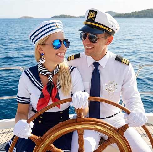 11 Pcs/2 Set Nautical Captain and Sailor Cosplay Outfit, Yacht Captain Cap, Sailor Ship Cap, Scarf, Sunglasses, Badge, Gloves, Earrings, Halloween Sailor Costume Accessories for Women Men Dress Up in Saudi Arabia