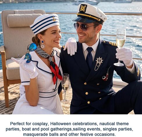 11 Pcs/2 Set Nautical Captain and Sailor Cosplay Outfit, Yacht Captain Cap, Sailor Ship Cap, Scarf, Sunglasses, Badge, Gloves, Earrings, Halloween Sailor Costume Accessories for Women Men Dress Up in Saudi Arabia