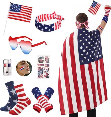 250 Year American Flag Cape Costume 4th of July Independence Day Celebration USA Patriotic Accessories Retro 80's USA Patriotic Flag Cloak Set in Kuwait