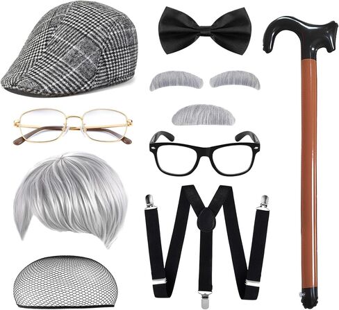 Old Men Costume Set Grandpa Accessories Fedora Hat Wig Moustache Suspenser Inflatable Walking Cane Cosplay Roaring 1920s Outfits for Men Grey in Kuwait
