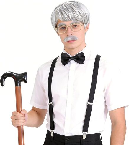 Old Men Costume Set Grandpa Accessories Fedora Hat Wig Moustache Suspenser Inflatable Walking Cane Cosplay Roaring 1920s Outfits for Men Grey in Kuwait