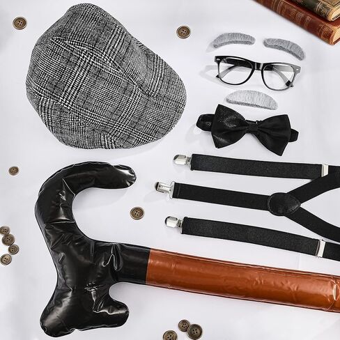 Old Men Costume Set Grandpa Accessories Fedora Hat Wig Moustache Suspenser Inflatable Walking Cane Cosplay Roaring 1920s Outfits for Men Grey in Kuwait