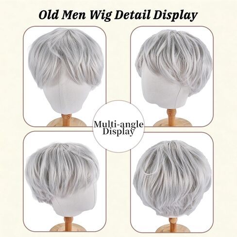 Old Men Costume Set Grandpa Accessories Fedora Hat Wig Moustache Suspenser Inflatable Walking Cane Cosplay Roaring 1920s Outfits for Men Grey in Kuwait