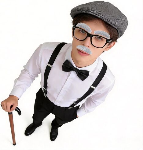 Old Men Costume Set Grandpa Accessories Fedora Hat Wig Moustache Suspenser Inflatable Walking Cane Cosplay Roaring 1920s Outfits for Men Grey in Kuwait