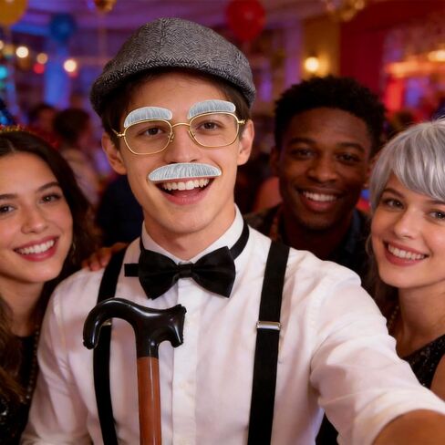 Old Men Costume Set Grandpa Accessories Fedora Hat Wig Moustache Suspenser Inflatable Walking Cane Cosplay Roaring 1920s Outfits for Men Grey in Kuwait