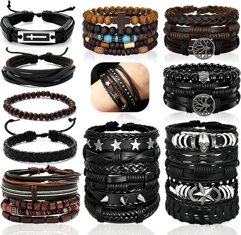 32Pcs Punk Braided Leather Bracelets for Men Women Hemp Cords Wood Ethnic Tribal Bracelet Gothic Skull Skeleton Grunge Emo Rock Bracelets Handmade PU Wrap Wristband Black Brown Fathers Day Gift in Saudi Arabia