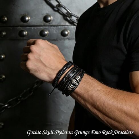 32Pcs Punk Braided Leather Bracelets for Men Women Hemp Cords Wood Ethnic Tribal Bracelet Gothic Skull Skeleton Grunge Emo Rock Bracelets Handmade PU Wrap Wristband Black Brown Fathers Day Gift in Saudi Arabia