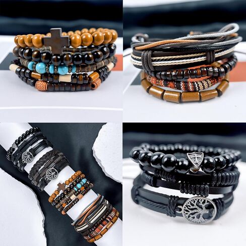 32Pcs Punk Braided Leather Bracelets for Men Women Hemp Cords Wood Ethnic Tribal Bracelet Gothic Skull Skeleton Grunge Emo Rock Bracelets Handmade PU Wrap Wristband Black Brown Fathers Day Gift in Saudi Arabia