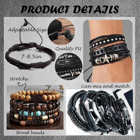 32Pcs Punk Braided Leather Bracelets for Men Women Hemp Cords Wood Ethnic Tribal Bracelet Gothic Skull Skeleton Grunge Emo Rock Bracelets Handmade PU Wrap Wristband Black Brown Fathers Day Gift in Saudi Arabia