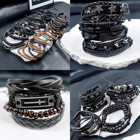 32Pcs Punk Braided Leather Bracelets for Men Women Hemp Cords Wood Ethnic Tribal Bracelet Gothic Skull Skeleton Grunge Emo Rock Bracelets Handmade PU Wrap Wristband Black Brown Fathers Day Gift in Saudi Arabia