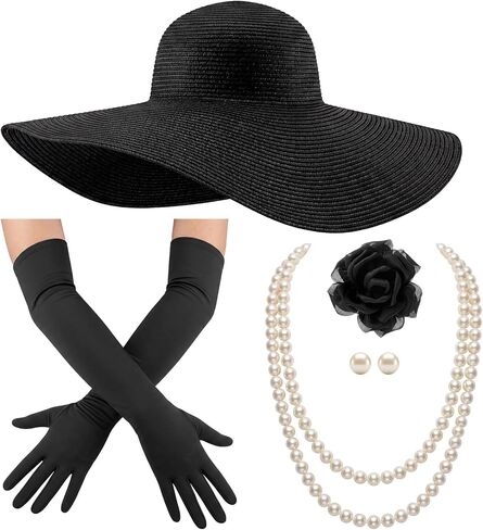 5 Pcs 1920s Derby Black Beach Sun Hat Gloves Set for Women Tea Party with Brooch Pin Pearl Necklace Earring in Kuwait