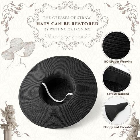 5 Pcs 1920s Derby Black Beach Sun Hat Gloves Set for Women Tea Party with Brooch Pin Pearl Necklace Earring in Kuwait