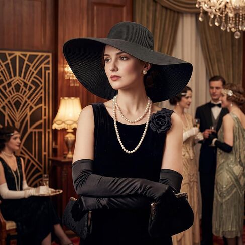 5 Pcs 1920s Derby Black Beach Sun Hat Gloves Set for Women Tea Party with Brooch Pin Pearl Necklace Earring in Kuwait