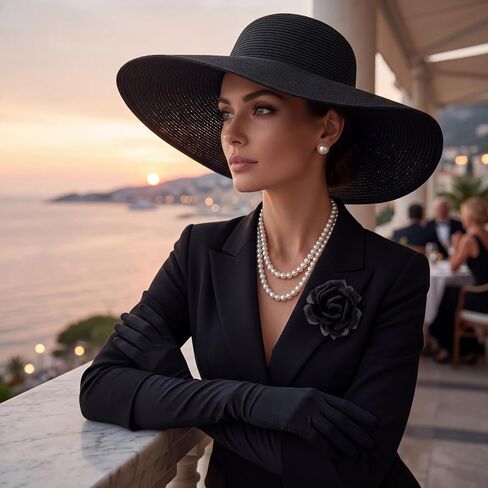 5 Pcs 1920s Derby Black Beach Sun Hat Gloves Set for Women Tea Party with Brooch Pin Pearl Necklace Earring in Kuwait