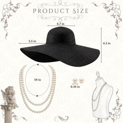 5 Pcs 1920s Derby Black Beach Sun Hat Gloves Set for Women Tea Party with Brooch Pin Pearl Necklace Earring in Kuwait