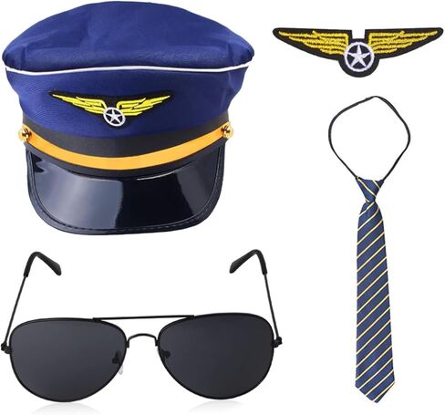 Pilot Costume Accessories Set Airline Captain Hat Sunglasses Tie Badge Dress up Supplies for Halloween Party Cosplay (Blue) in Saudi Arabia