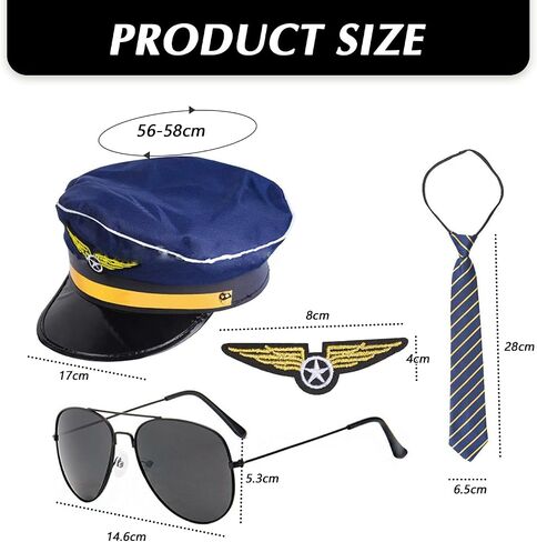 Pilot Costume Accessories Set Airline Captain Hat Sunglasses Tie Badge Dress up Supplies for Halloween Party Cosplay (Blue) in Saudi Arabia