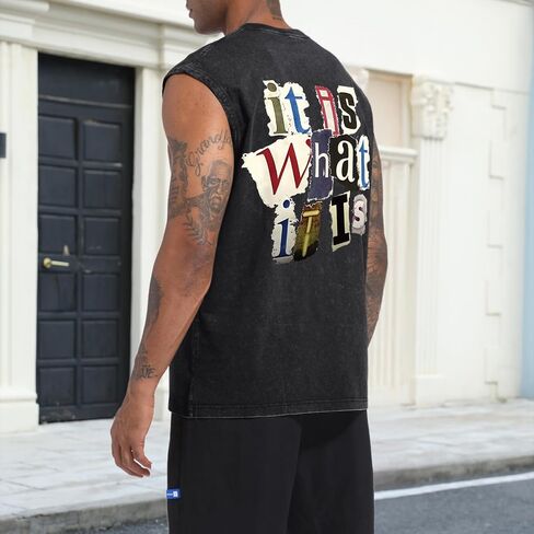 Mens Vintage Graphic Tank Acid Wash Retro Sleeveless Shirts for Men Cut Off Shirt Streetwear Muscle Tee Tops in Saudi Arabia