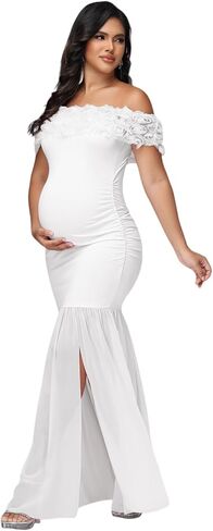 Maternity Floral Off Shoulder Maxi Baby Shower Dress for Photoshoot Chiffon Paneled Rouched Split Party Long Gown in Kuwait