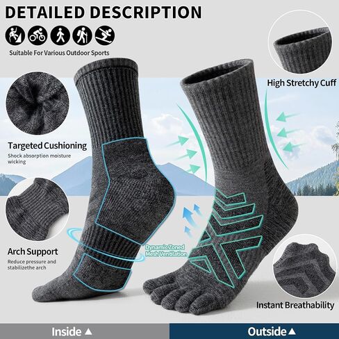 Merino Wool Hiking Toe Socks,Enhanced Breathability,Targeted Cushion Thermal Five Finger Socks Men&Women,3 Pairs in Kuwait