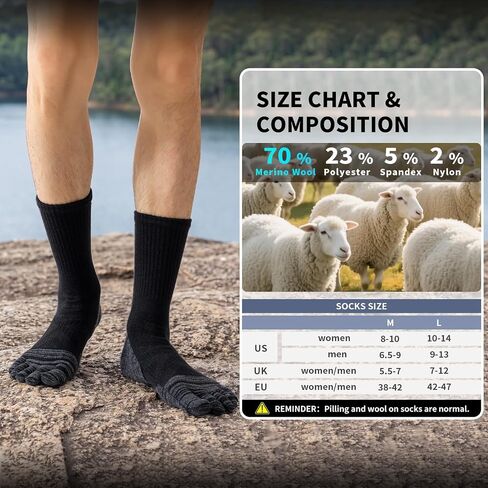Merino Wool Hiking Toe Socks,Enhanced Breathability,Targeted Cushion Thermal Five Finger Socks Men&Women,3 Pairs in Kuwait