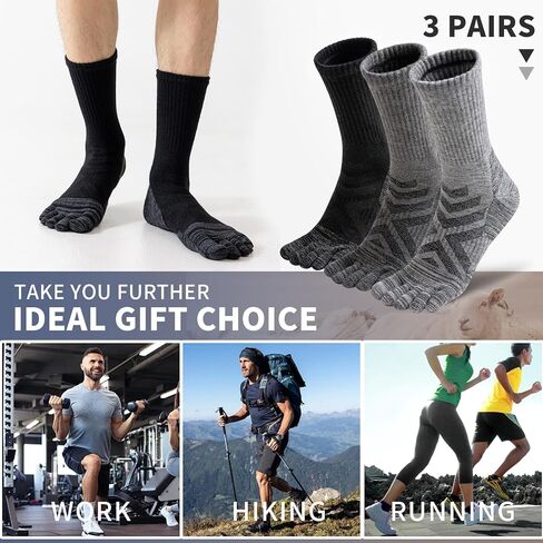 Merino Wool Hiking Toe Socks,Enhanced Breathability,Targeted Cushion Thermal Five Finger Socks Men&Women,3 Pairs in Kuwait